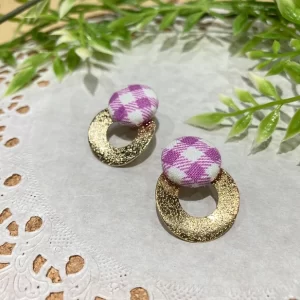 くるみボタンピアス　パープルチェック　kb-32