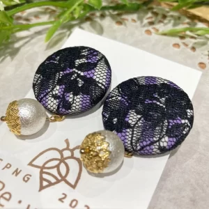 くるみボタンピアス　レース×パール kb-16