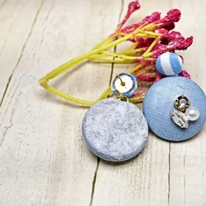 くるみボタン♡ストライプ×デニム×ビジュー♡丸い大ぶりピアス kb-9