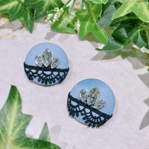 くるみボタンピアス　レースビジュー　kb‐51