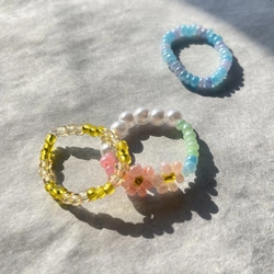 ビーズリング　３点セット　パールとお花のリング　ba-11